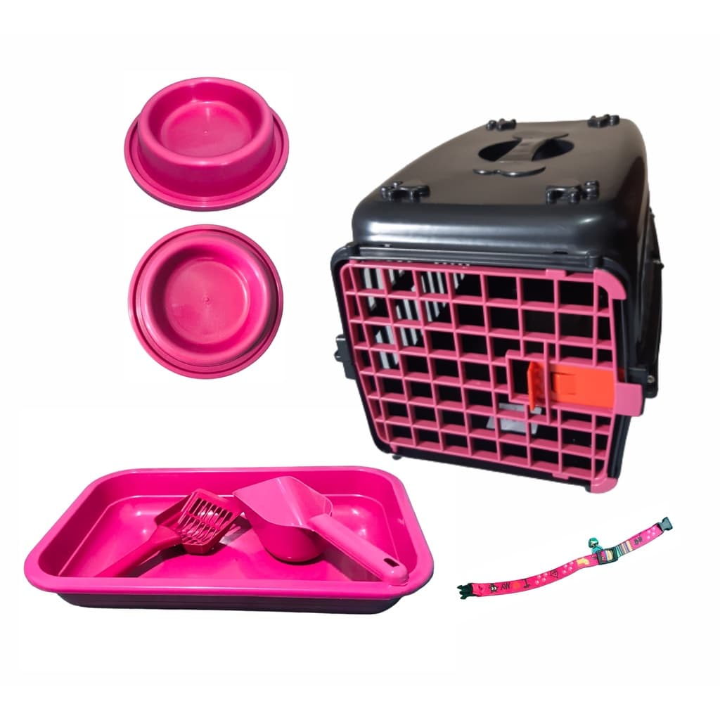 Caixa de Transporte Nº2 para Gato + Caixa de Areia com 2 Pazinhas + 2 Potinhos + Coleira com Pingente