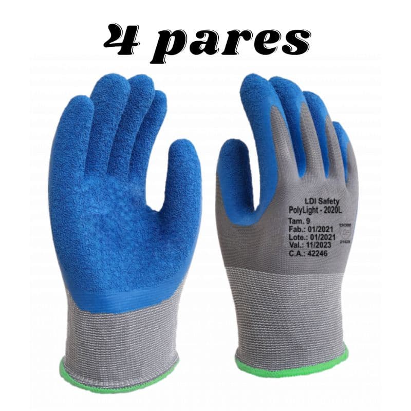4 pares luva para trabalho com palma emborrachada em látex antiderrapante azul