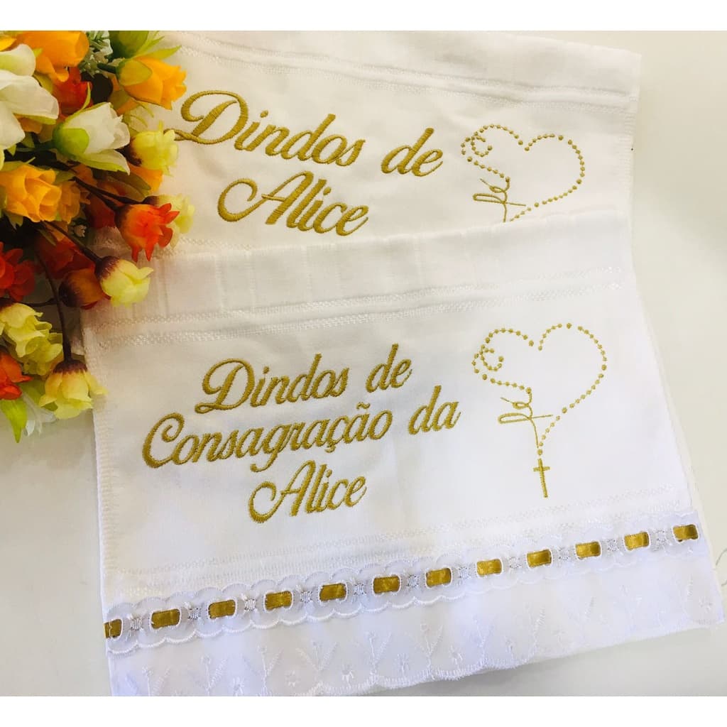 Toalha de padrinhos de batizado batismo eucaristia consagração bordada e personalizada para lembrancinha e presente