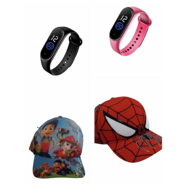 Boné infantil homem aranha , patrulha canina e miquei mais relógio infantil digital