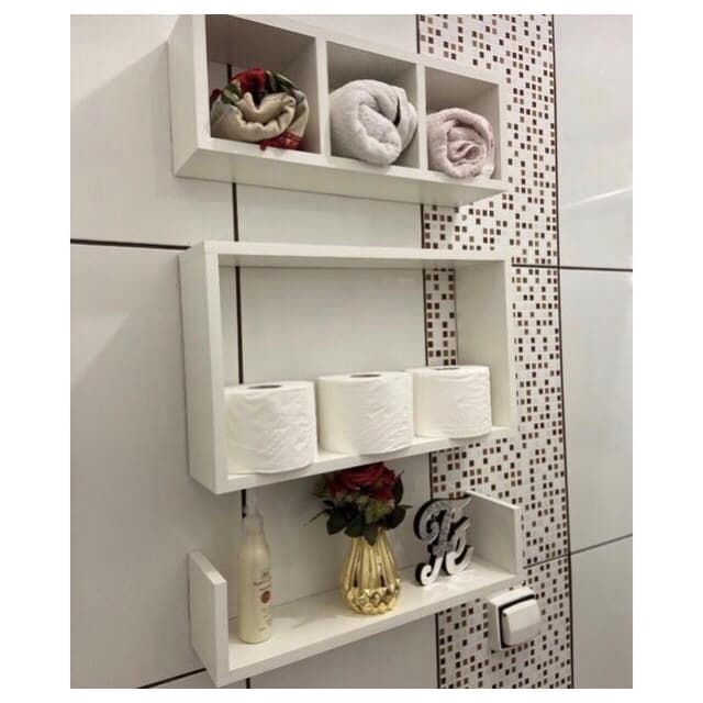Nicho 3 Pçs Prateleira Decoração Banheiro Sala Quarto Mdf Cru e Branco