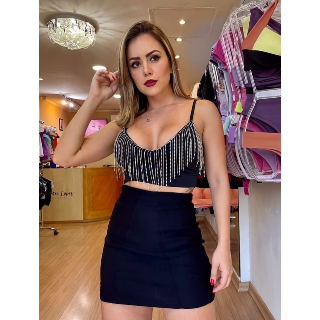 Cropped Franja Strass, cropped com bojo preto