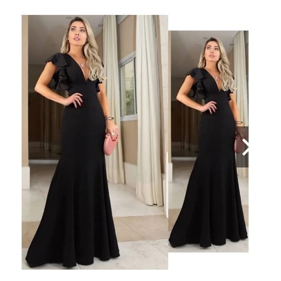 Vestido Longo Feminino Festa Em Geral Madrinha Formatura Longo Modelo Sereia Tecido Crepe Com Babado Nas Mangas