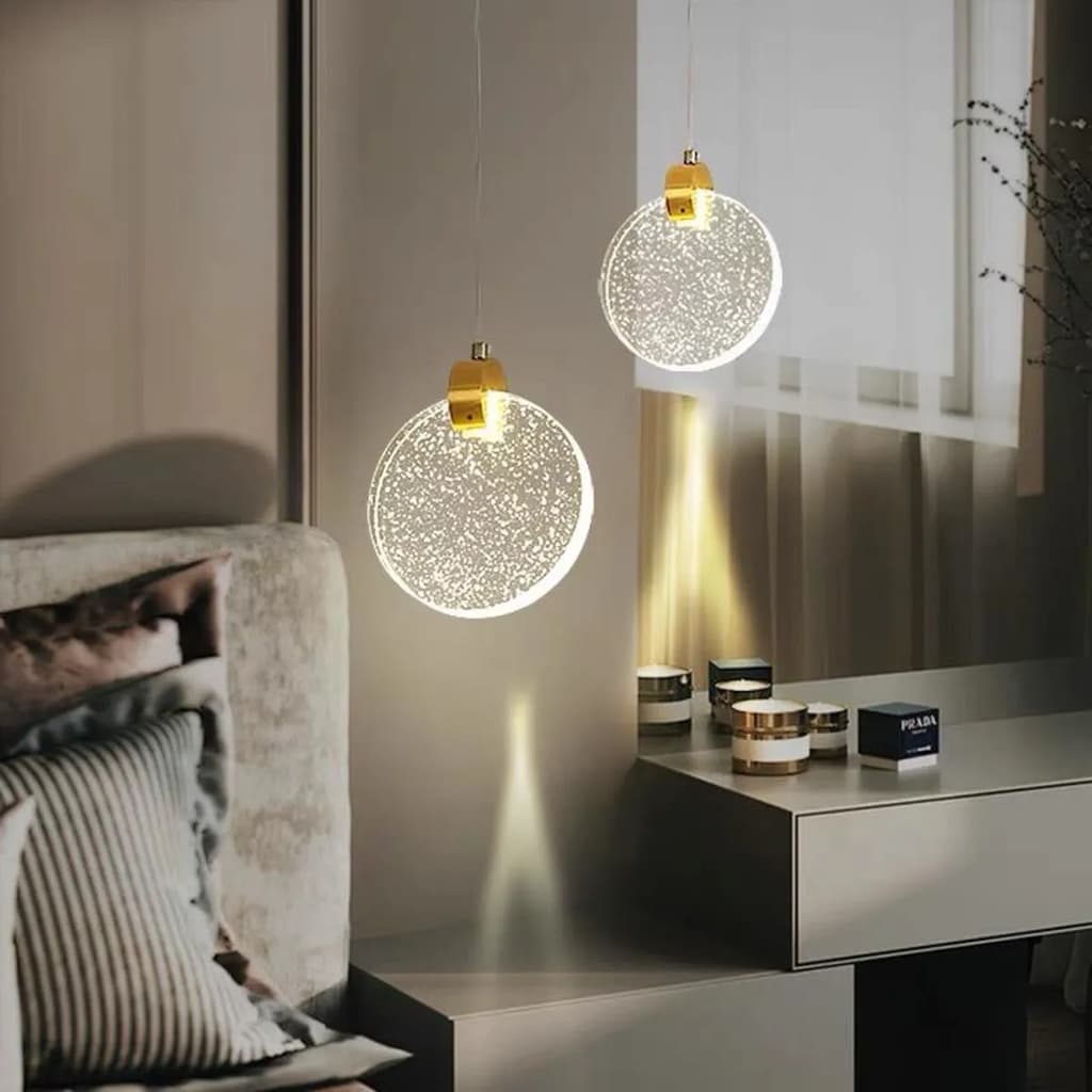 2 Pendente Lua Lustres Redondo Vidro Cristal Bolhas Led Gold