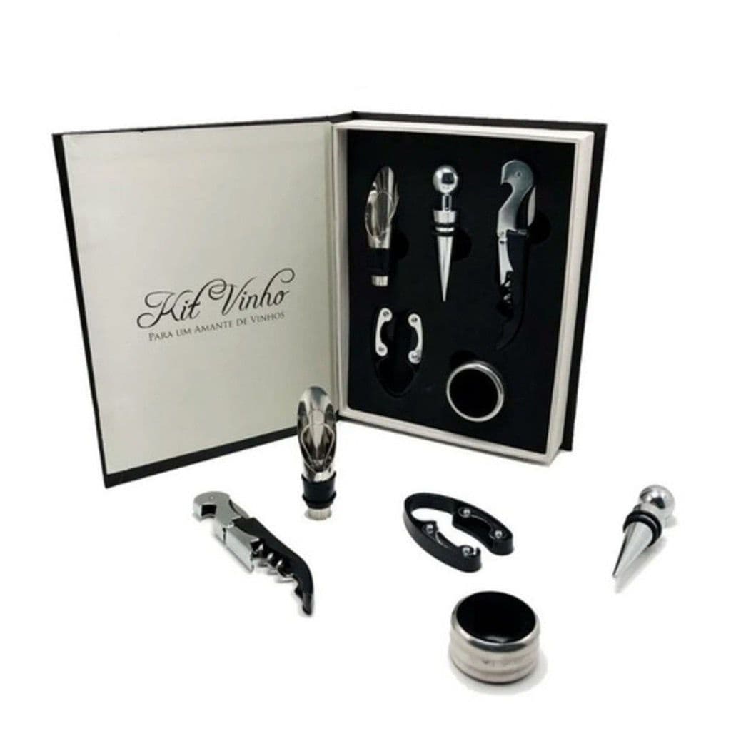 Kit Vinho com Abridor Saca Rolhas Tampa Dosador Corta Lacre Livro 5 Acessorios
