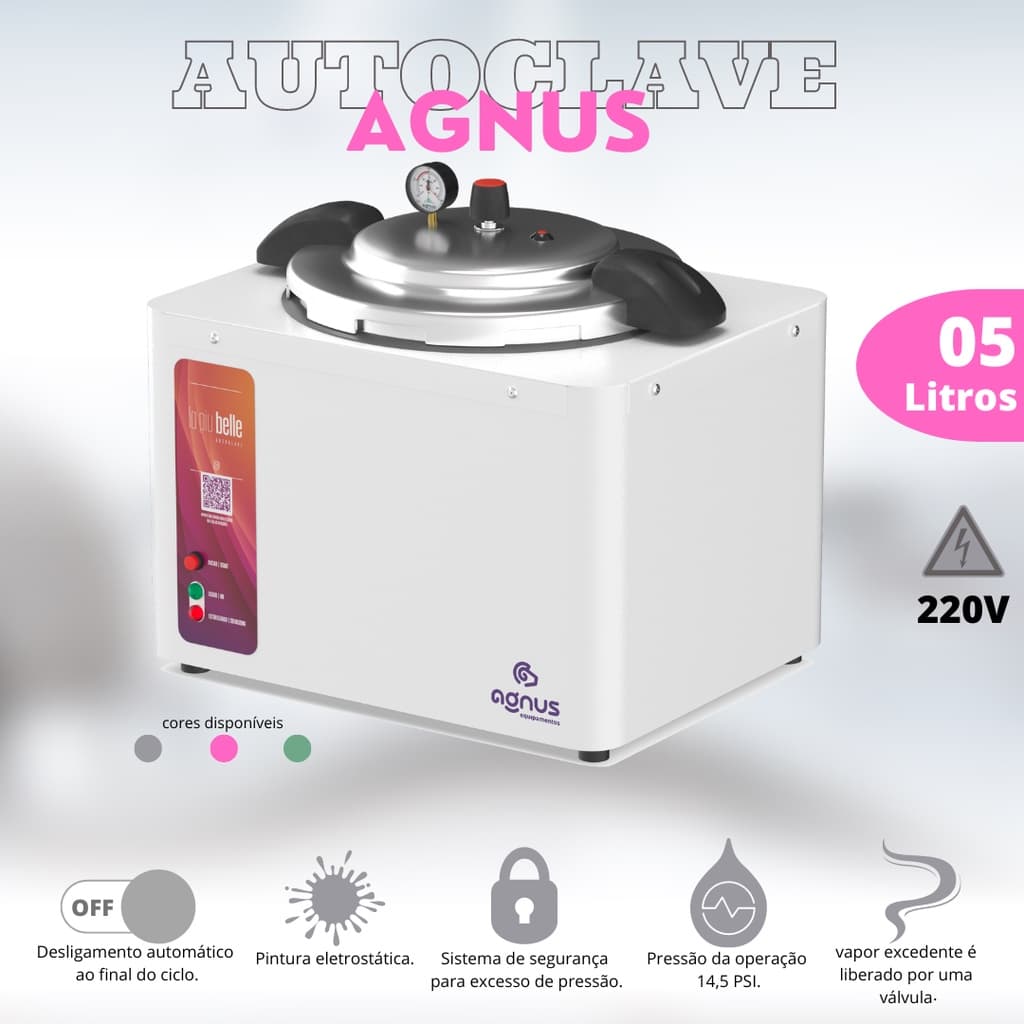 Autoclave Esterelizador Manicure Salao de Beleza Estudio de Tatuagem Agnus 5 Litros 220V Rosa Anvisa