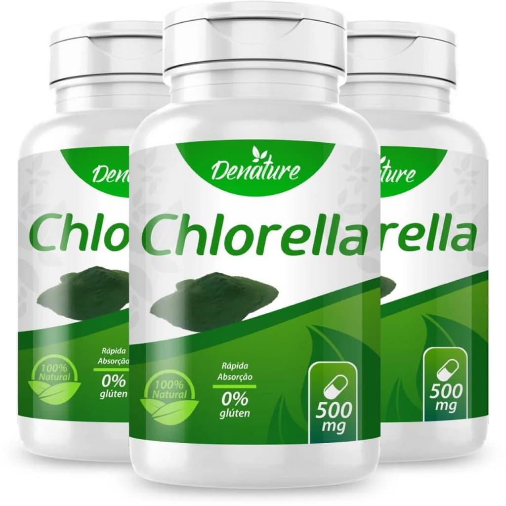 KIT 3 Chlorella 500mg 100 Cápsulas Denature - Clorela Desintoxicante Detox Alga