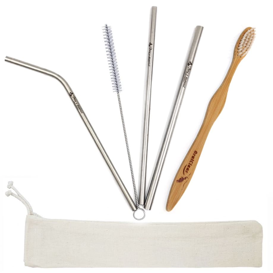 Kit 6 peças Canudos aço inox bag e escova de dentre de bambu ecobambu - canudo aço inoxidável reto, curvo e mil