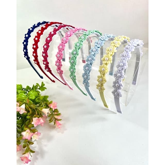 Tiara infantil arquinho com flores e miolo pérola