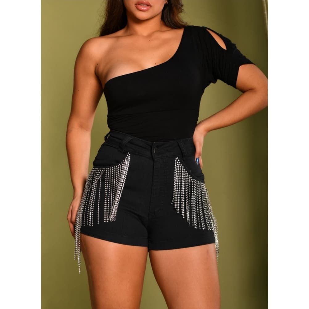 Short Franja Strass, Short Preto em sarja