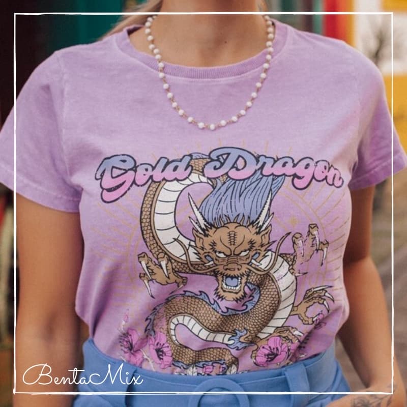 TSHIRT Estonada Algodão Premium “ Dragão Dourado - Chinês “ Camiseta feminina básica modinha tumbrl blogueira ano novo