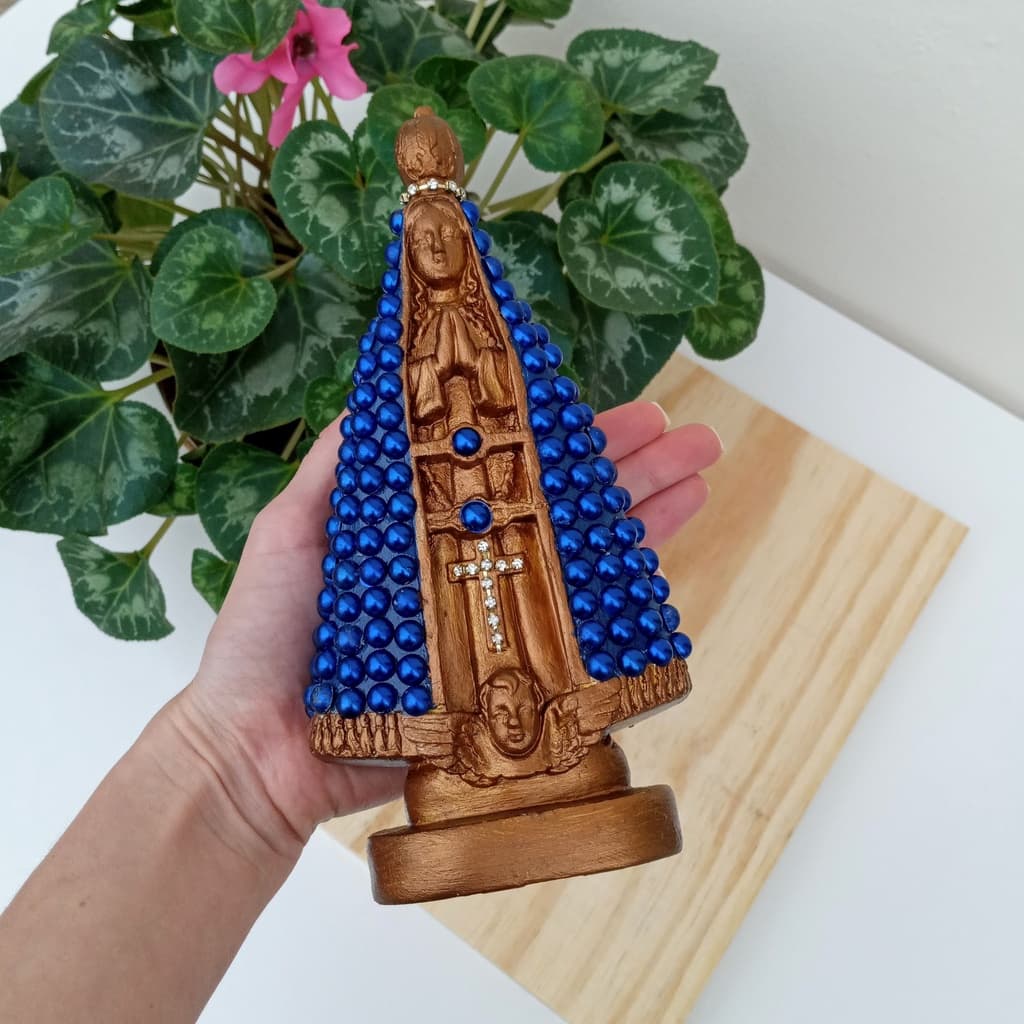 Imagem da Nossa Senhora Aparecida Bronze Manto com Perola Azul ou Marrom