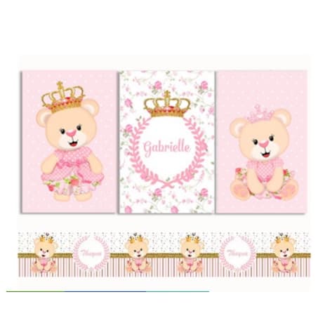 Quadros decorativos - Ursa Rosa princesa - Com o nome da sua Filha + 2 faixas com nome linda 4k - Enxoval de bebê