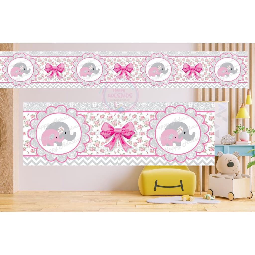 Faixa Decorativa Adesiva Elefantinha Rosa Laço Elefante Decoração Quarto Menina Infantil Adesivo de Parede