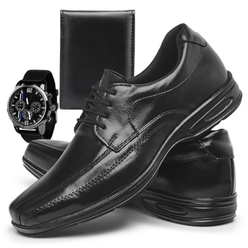 Combo Sapato Social Masculino Ortopédico Moderno Costurado Antistress De Couro Confort + Relógio e Carteira