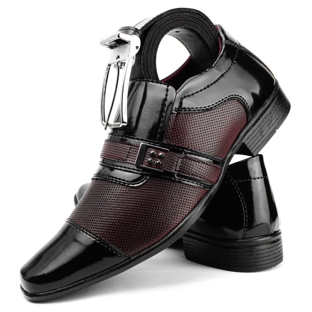 Sapato Social Masculino Preto Com Vinho Envernizado Modelo Italiano 105 + Cinto Social Dupla Face