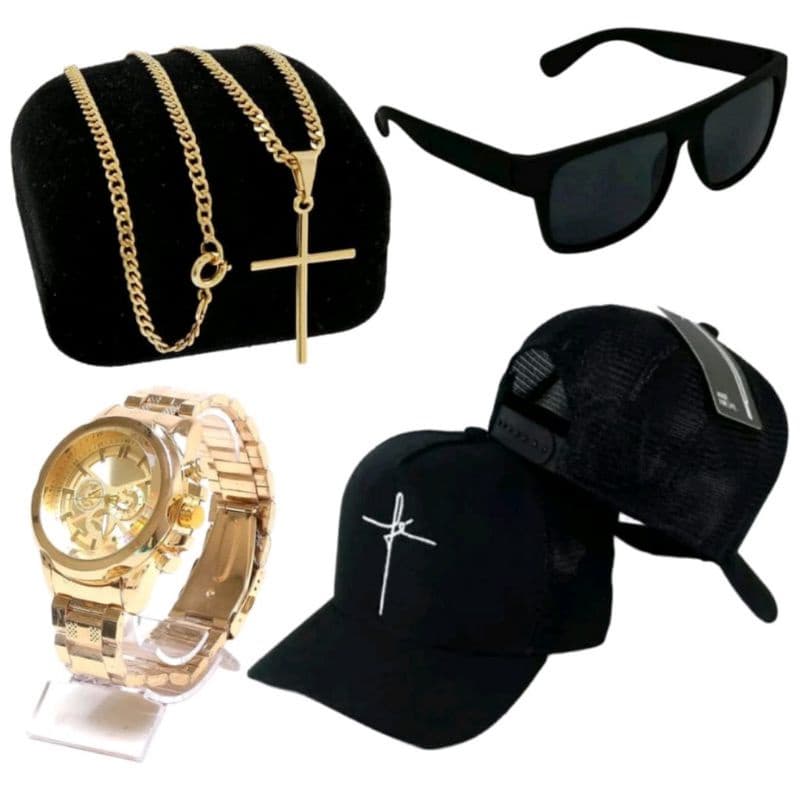 kit Masculino Presente Relogio dourado de aço Masculino +bone +óculos +corrente cruz 18k Menor preço
