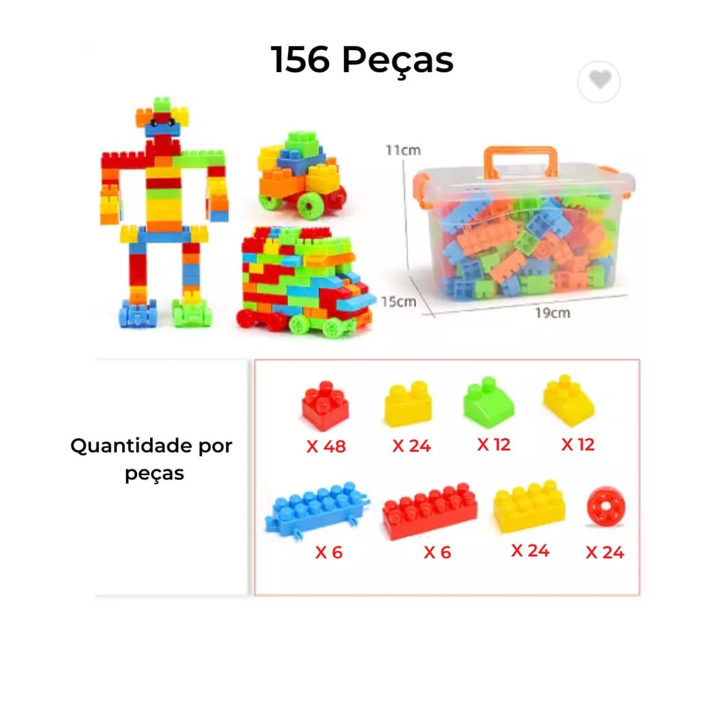 Bloco de Montar com Rodinhas 156 peças - Ideal para Viagens