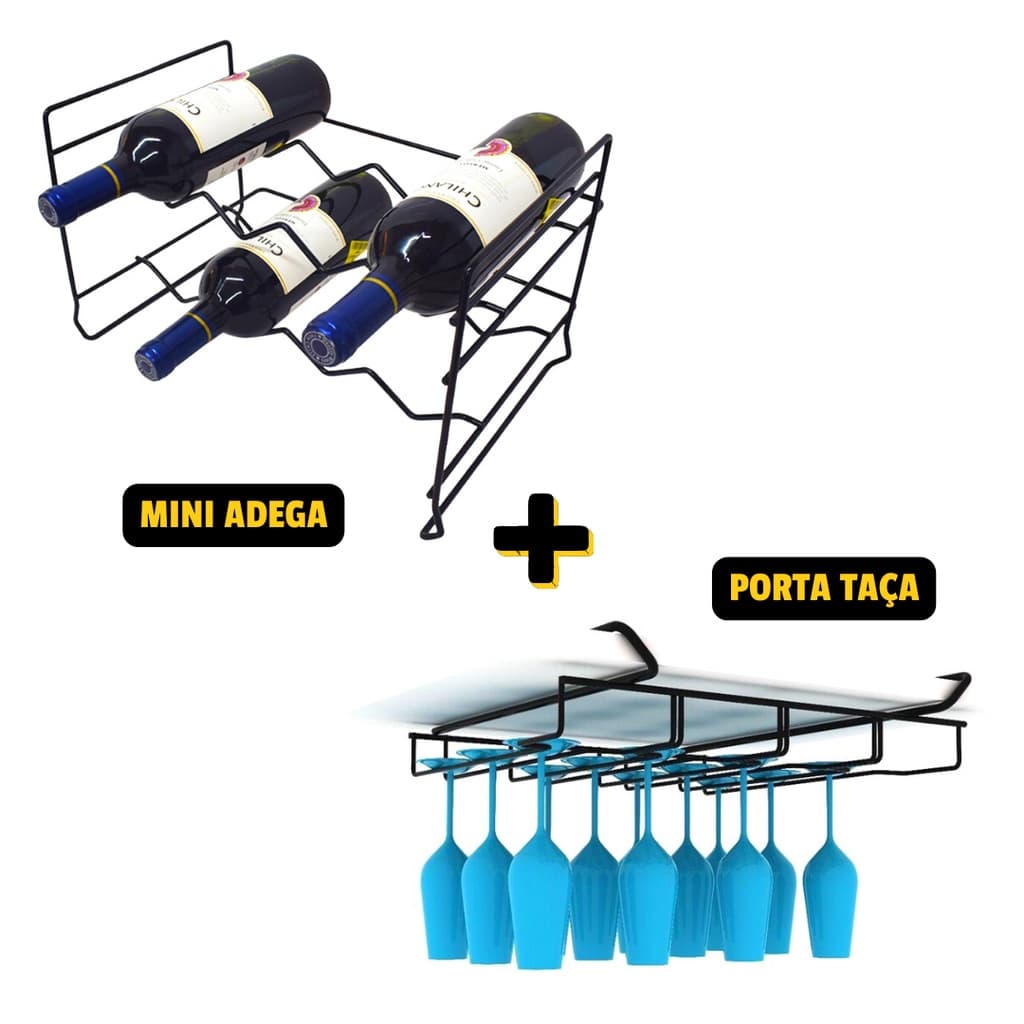 Kit Mini Adega Vinhos + Suporte Suspenso para Taças Rack Garrafas 2 Peças