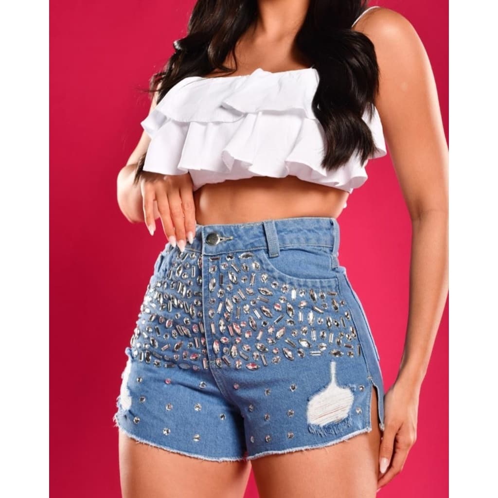 Short Pedrarias Cristais, short jeans com pedrarias