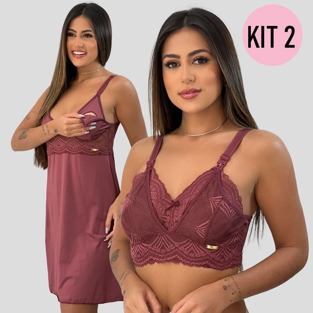 KIT Camisola Amamentação + Sutia Amamentação De Renda Click Perfeito