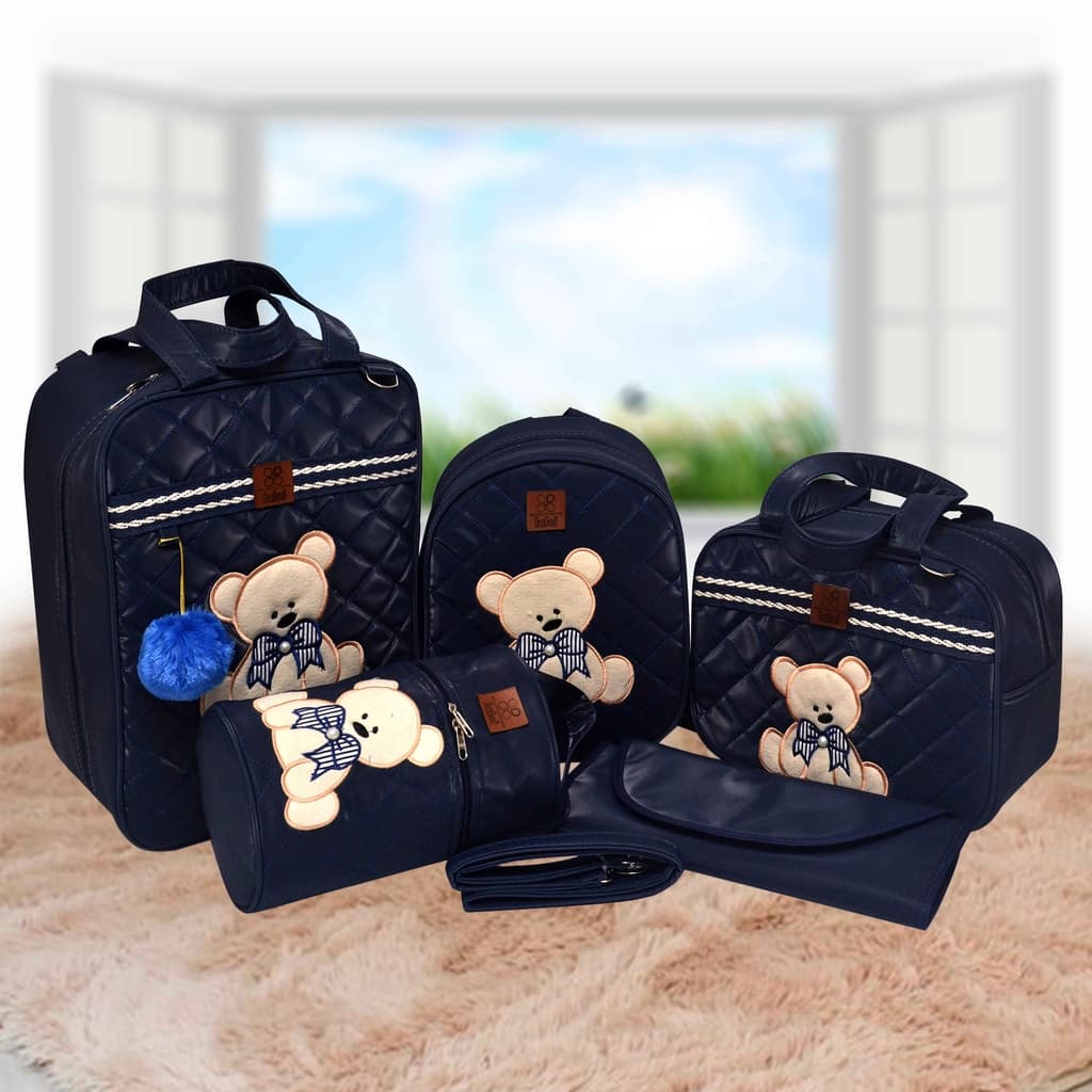 Kit Bolsa/Mochila Maternidade Masculino/Feminino 5 Peças Azul Escuro Urso e Mais Cores