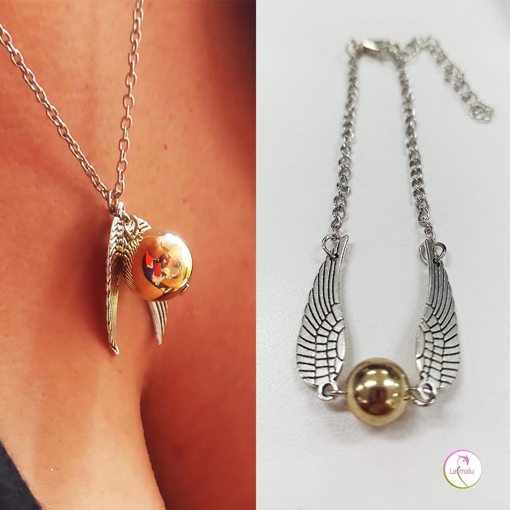 Kit Pulseira + Colar Bijuteria Pomo de Ouro Inspirado em Harry Potter - Cor Prateado