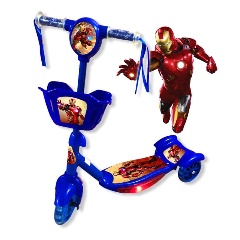Patinete Musical 3 Rodas Infantil Cesta E Luzes Homem de Ferro Novidade
