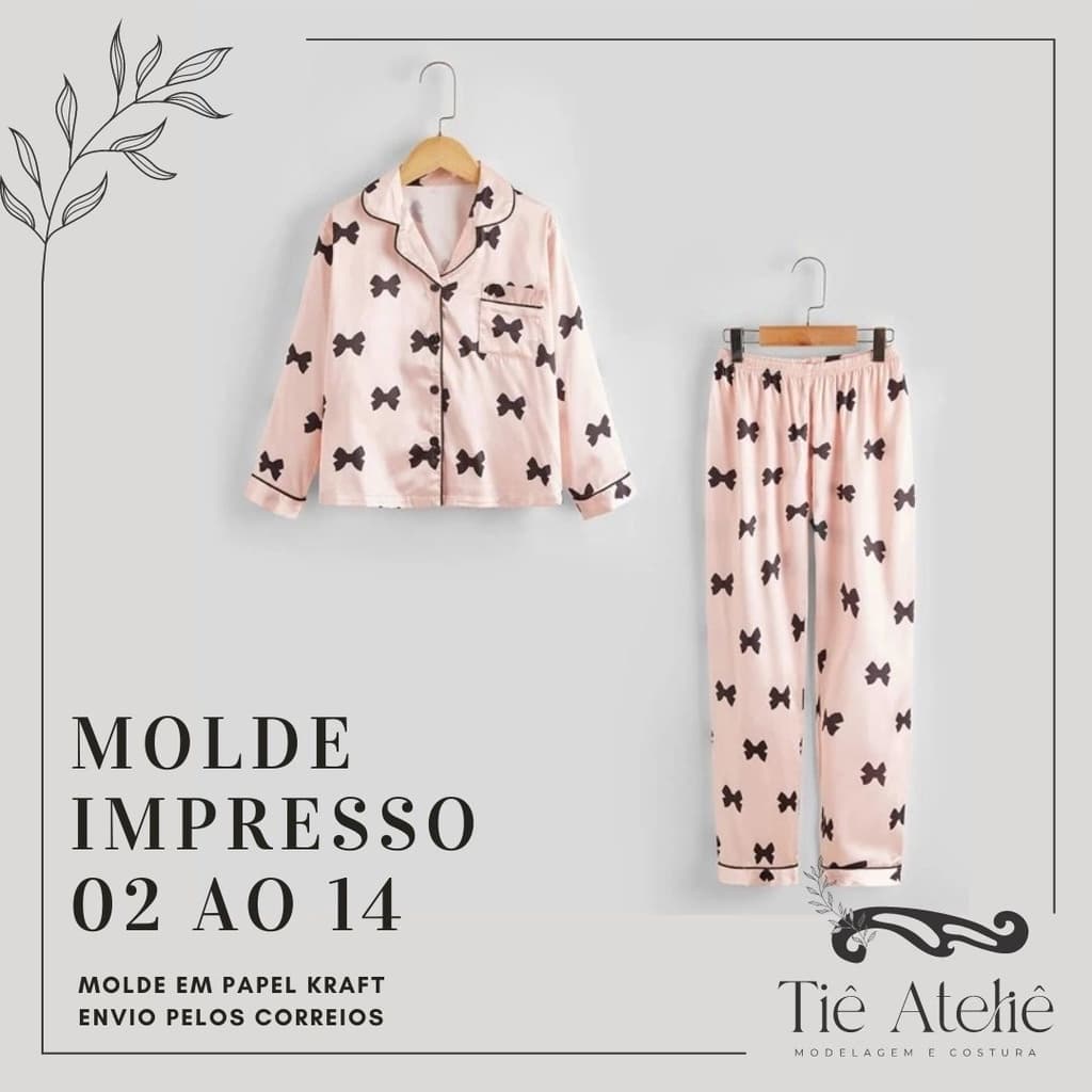 MOLDE EM PAPEL KRAFT DE PIJAMA AMERICANO INFANTIL LONGO PARA COSTURA MODELAGEM EM PAPEL KRAFT