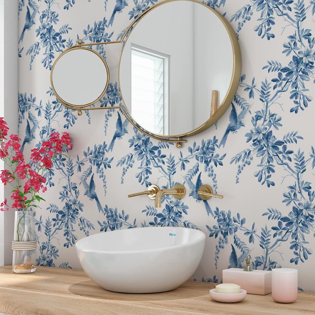 Papel de Parede Adesivo Floral Flores Pássaros Provençal Azul SSFL-056