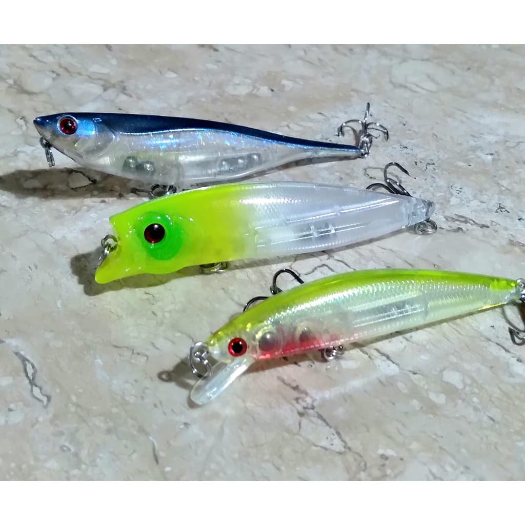 Kit Transparente Com 3 Iscas Artificiais para pesca e pescaria, Dourado, Traíra, Tucunaré, Robalo.