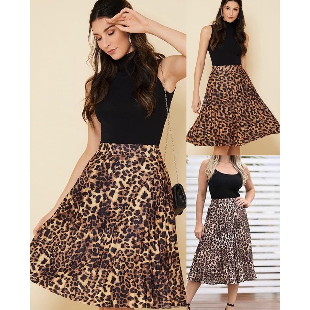 Saia Plissada Midi - Estampas Onça  - Cintura Alta - Moda Evangélica-00033