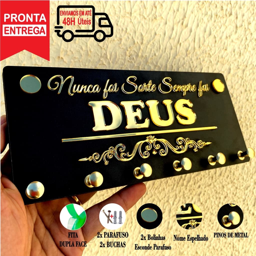 Porta Chaves de Luxo MDF Preto Com Letreiro Todo em Acrílico Espelhado