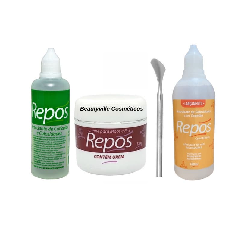 Kit Spa Pés Amolecedor Cuticulas 150ml Repos + Creme Ureia 120g + Amac Copaiba 150ml + Espatula 222