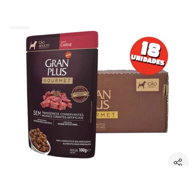 Sachês para cachorro linha gourmet gran plus Cx. 18 unidades de 100g.