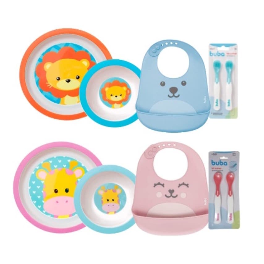 Kit Alimentação Bebê Buba Prato Fundo Prato Bowl 2 Colheres Termossensíveis Babador em Silicone Gumy