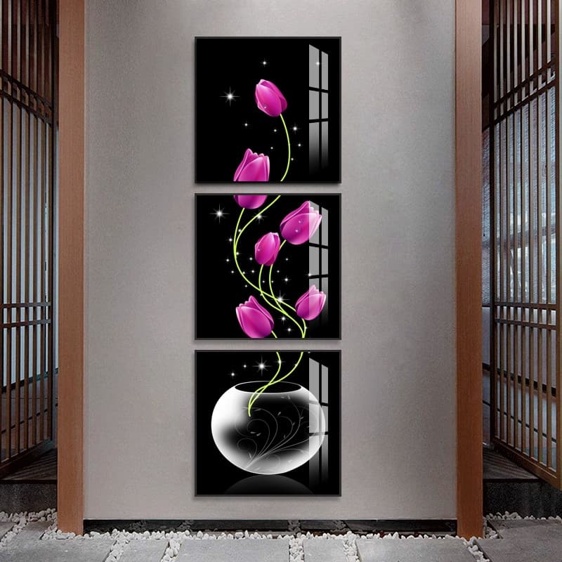 Quadro Decorativo 3 peças modular vaso com tulipas roxas flores arte pintura varanda corredor versão vertical casa