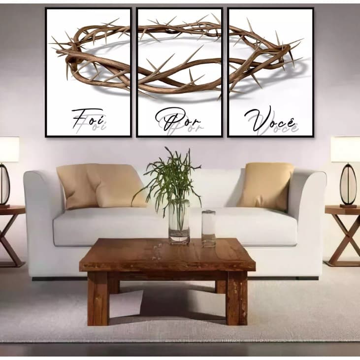 Quadro decorativo 3 telas foi por você coroa de espinhos fé e luz para ambientes modernos.
