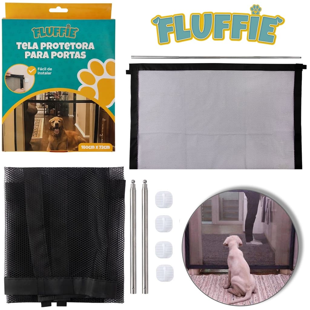 TELA PROTETORA PARA PORTAS DE NYLON COM 4 GANCHOS DE PLASTICO AUTOADESIVO FLUFFIE 180X72CM