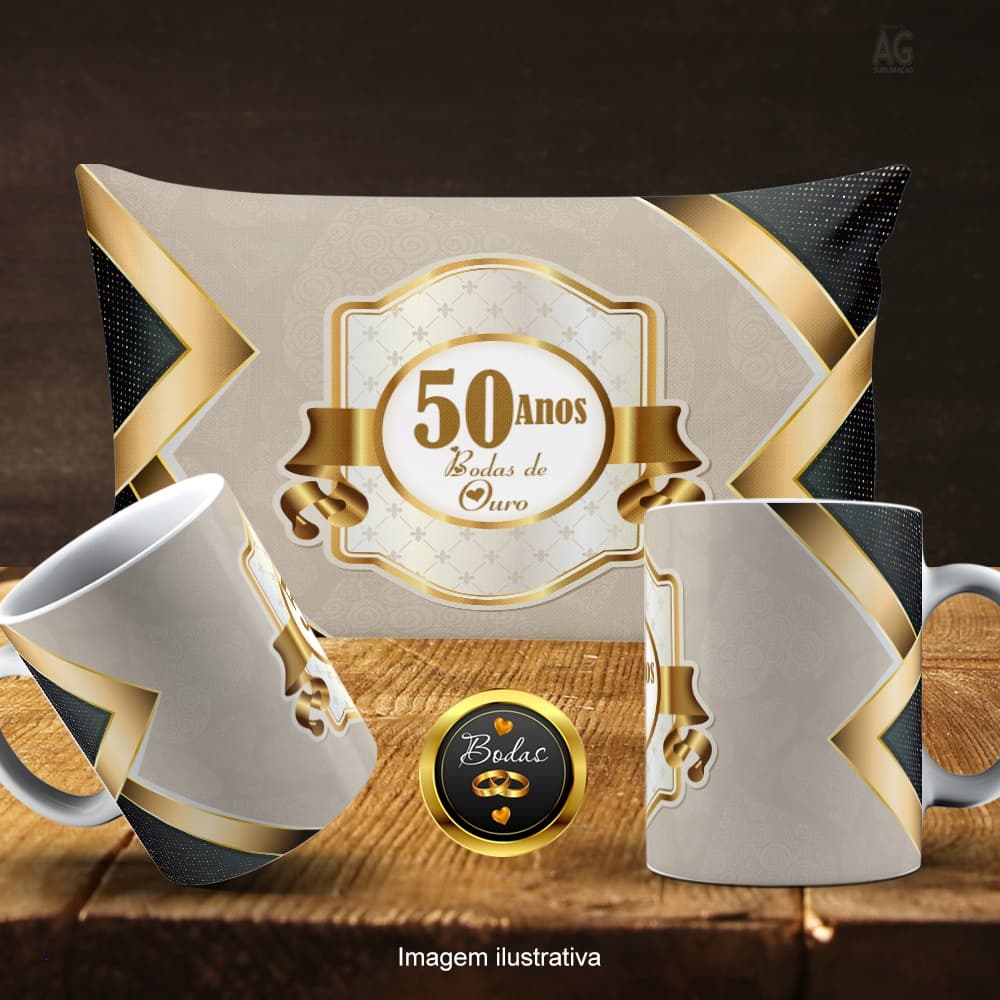 Kit Duas Canecas Porcelana e almofada Bodas Ouro e Prata Ideal Para Presentes