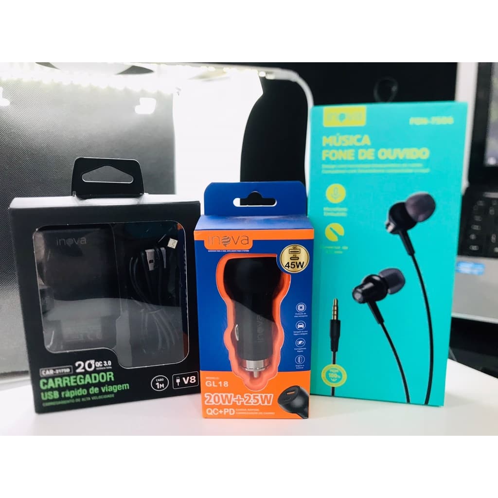 Kit fone de ouvido + Carregador V8 + carregador veicular v8