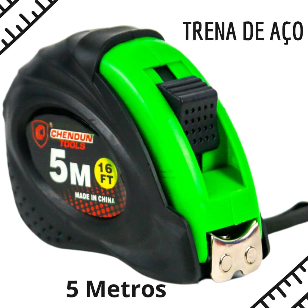 Trena De Aço Emborrachada Verde - 5 Metros Profissional - Kaftor