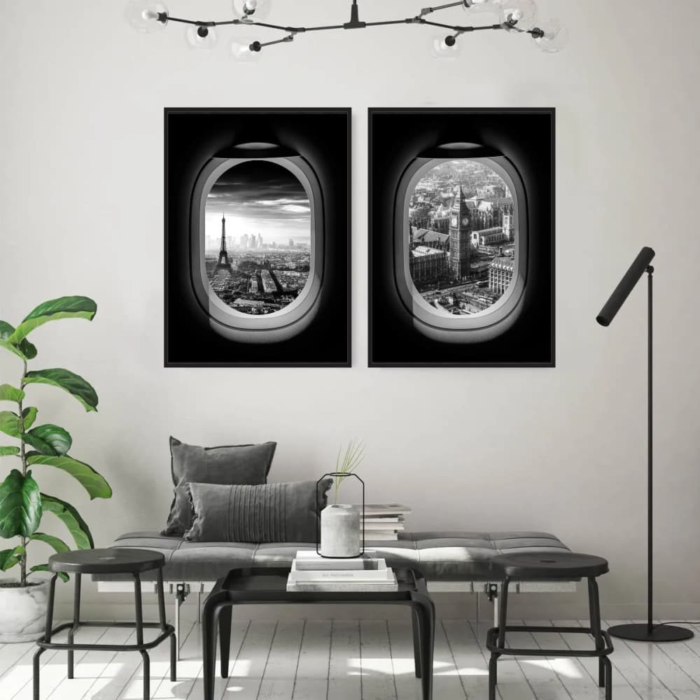 Composição quadros Janela Paris Torre Eiffel Lodres Big Ben Moldura Caixa TokQuadros