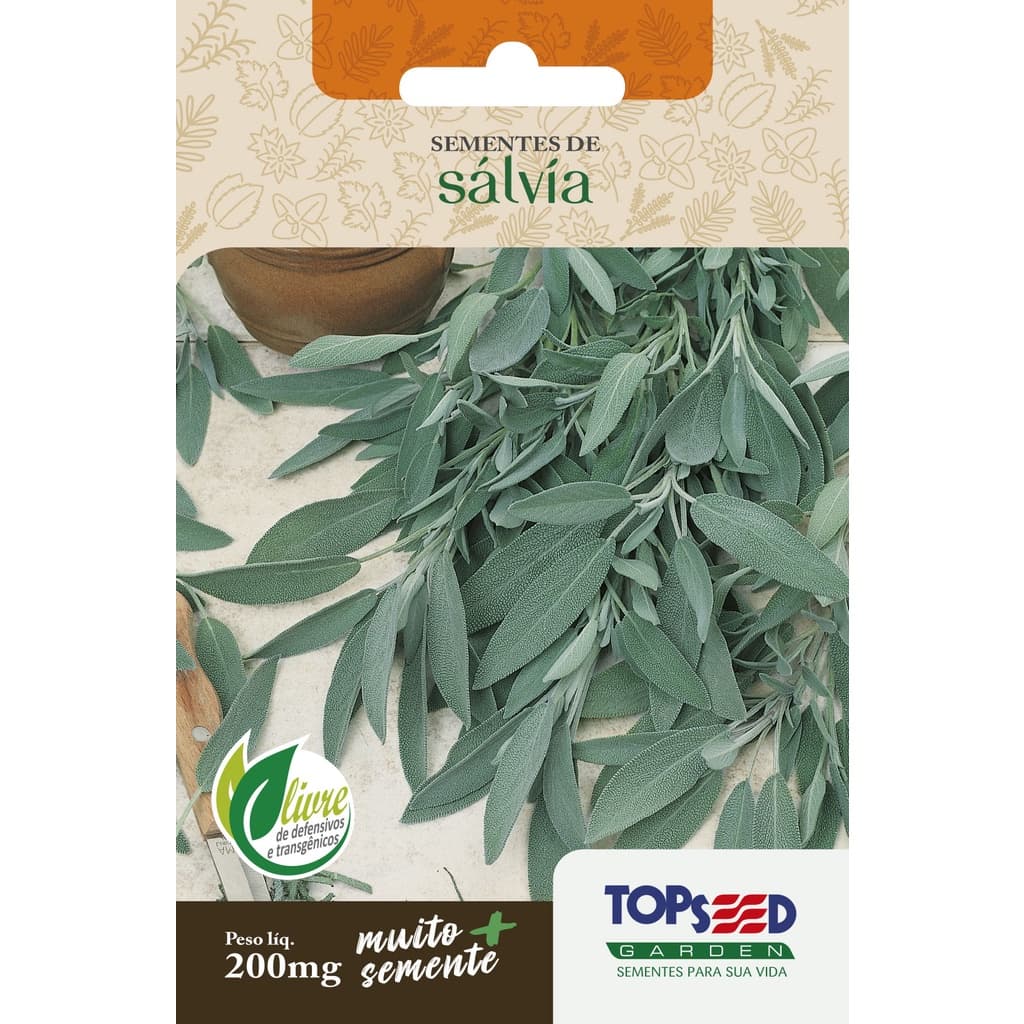 Sementes de Sálvia Topseed Garden 200mg para Horta e Vaso Erva Aromática Tempero para Carnes e Peixes