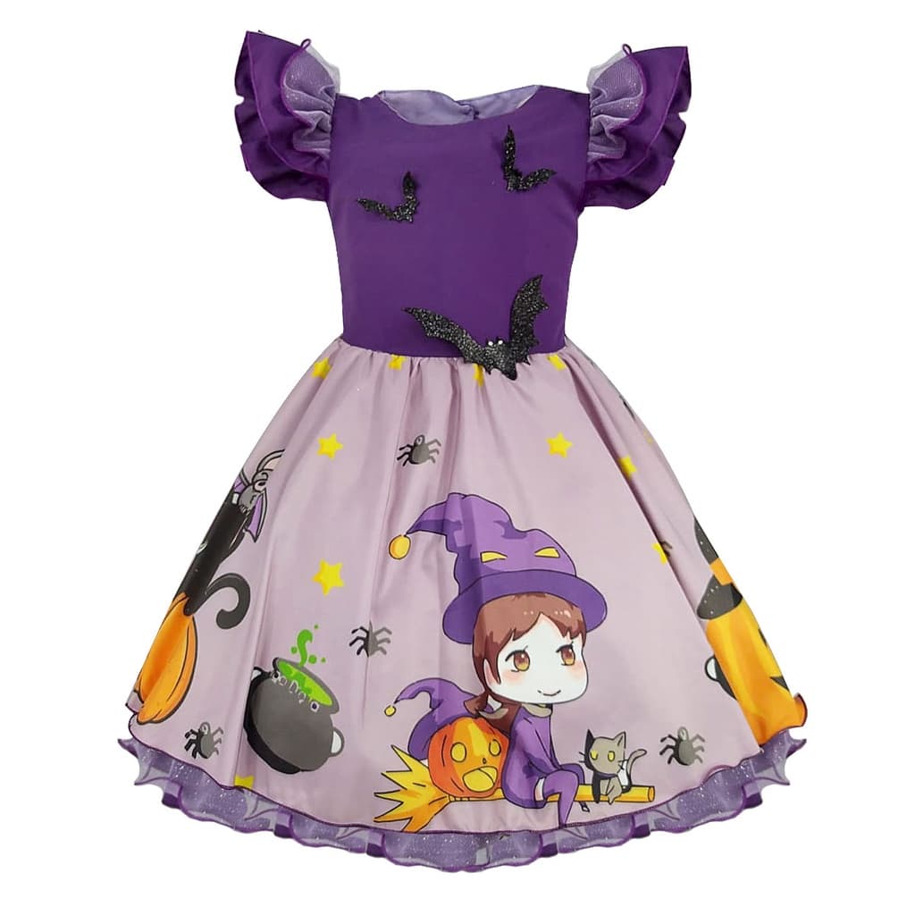 Vestido Infantil Bruxinha Lilás Roxo Aniversário Halloween
