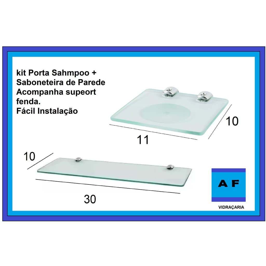 kit porta shampoo + saboneteira de parede vidro incolor 6mm com suporte fenda