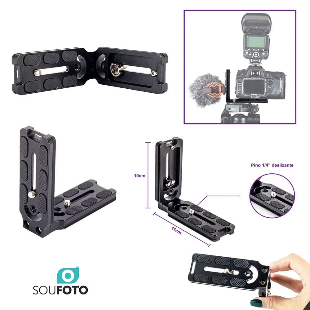 Suporte L com pino 1/4 para Câmera DSLR e Equipamentos Fotográficos STL-001 Sou Foto