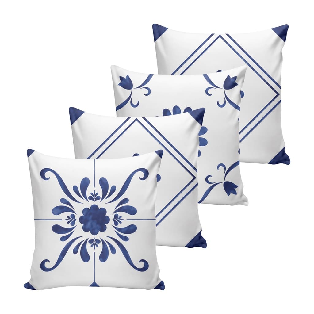Kit 4 Capas Para Almofada Azul Estampada com zíper - 40cm x 40cm - Decoração Vintage