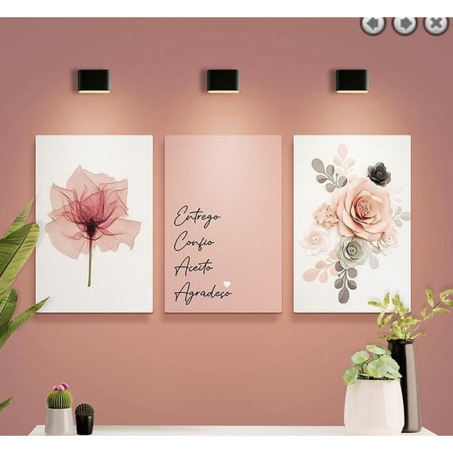 Quadros Decorativo Kit 3 Peças Mosaico Floral Aceito Confio Entrego Motivacional Gratidão Rosa Arte