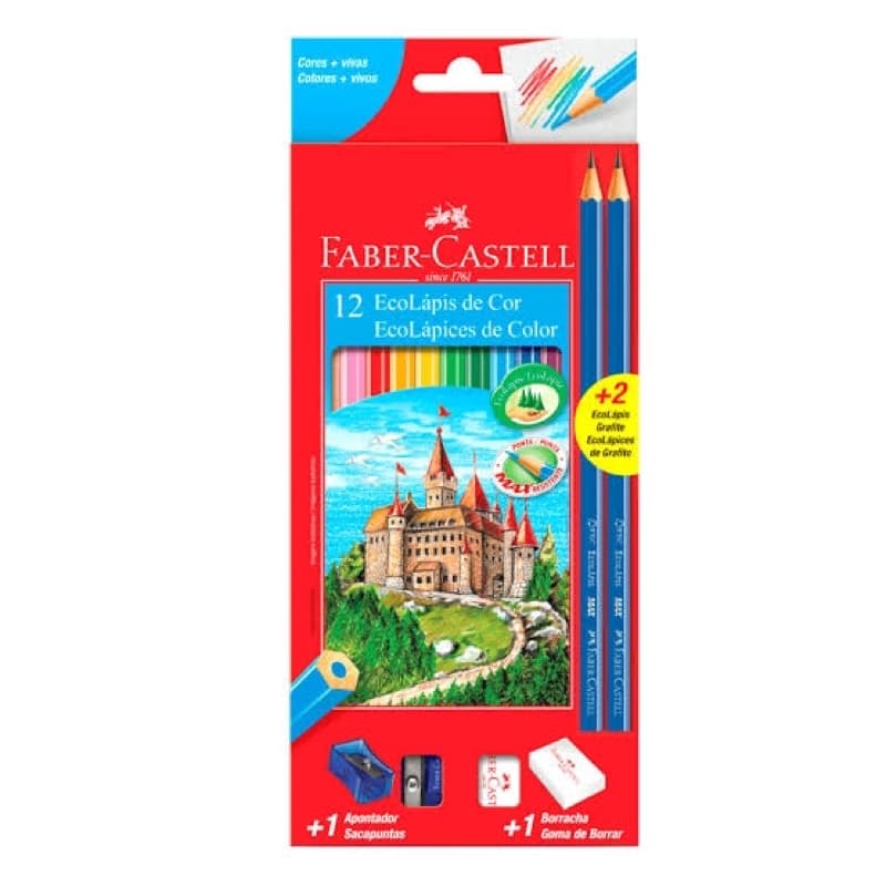 KIT FABER CASTELL LAPIS DE COR 12 CORES + 2 LAPIS PRETO + BORRACHA E APONTADOR